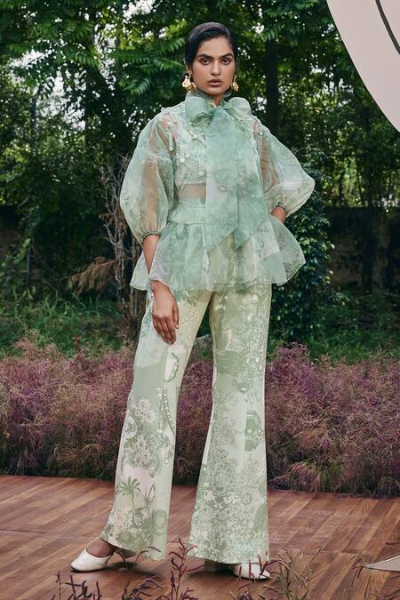 Pankaj & Nidhi Green Organza Applique Open Neck Mint Abstract Peplum Top Online at Aza Fashions Pankaj & Nidhi_Green Organza Applique Open Neck Mint Abstract Peplum Top _Online_at_Aza_Fashions