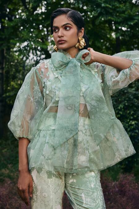 Buy Pankaj & Nidhi Green Organza Applique Open Neck Mint Abstract Peplum Top Online at Aza Fashions Buy_Pankaj & Nidhi_Green Organza Applique Open Neck Mint Abstract Peplum Top _Online_at_Aza_Fashions