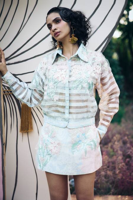 Shop_Pankaj & Nidhi_Blue Organza, Satin Applique, Sequins, Maxim Embellished Shirt And Skirt Set _Online_at_Aza_Fashions