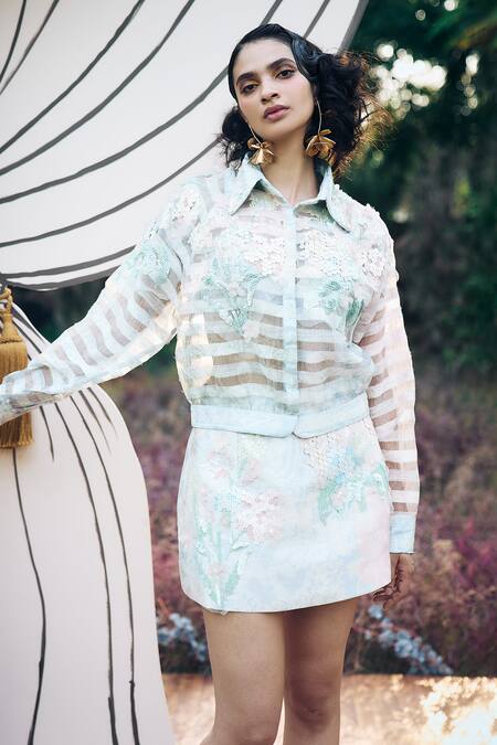 Pankaj & Nidhi_Blue Organza, Satin Applique, Sequins, Maxim Embellished Shirt And Skirt Set _at_Aza_Fashions