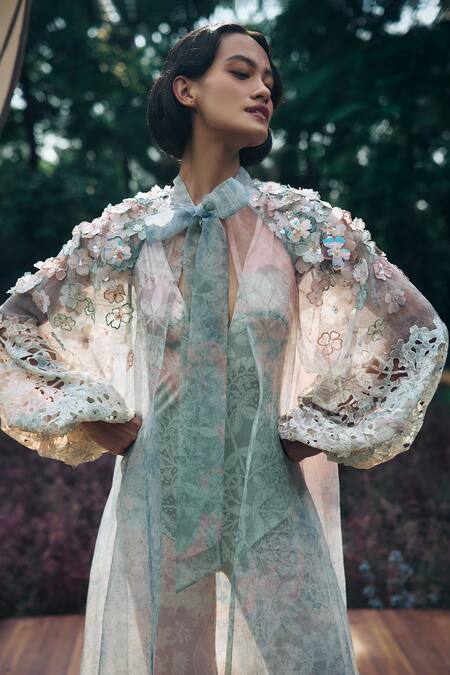 Pankaj & Nidhi_Blue Satin, Silk Organza Embroidery Plunge Neck Embellished Cape And Bodysuit Set _Online_at_Aza_Fashions