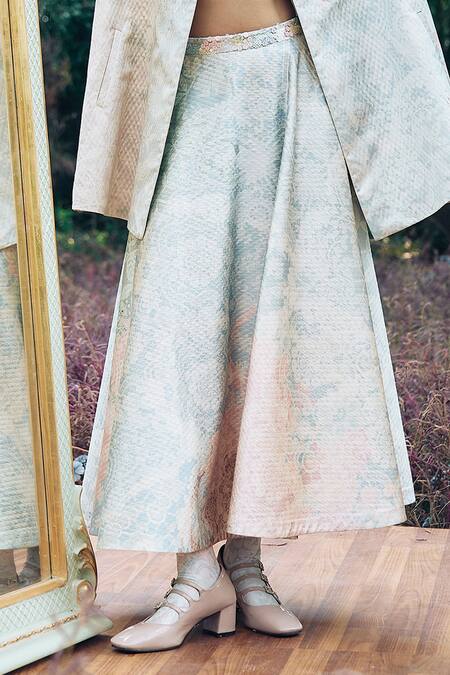 Pankaj & Nidhi_Blue Sequins, Embroidery Collared Floral Hand Embellished Jacket And Skirt Set _Online_at_Aza_Fashions