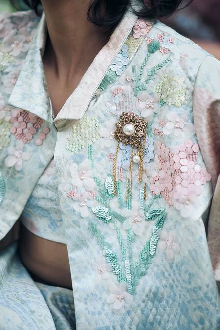 Buy_Pankaj & Nidhi_Blue Sequins, Embroidery Collared Floral Hand Embellished Jacket And Skirt Set _Online_at_Aza_Fashions