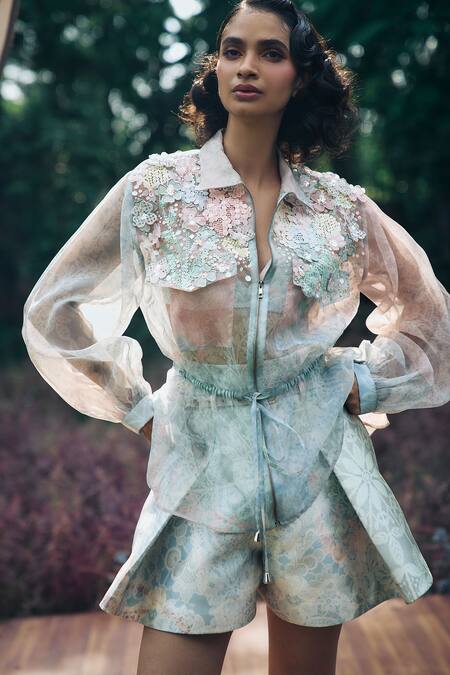 Buy Pankaj & Nidhi Blue Silk Organza Embroidery Collared Mint 3d Floral Hand Embellished Jacket Online at Aza Fashions Buy_Pankaj & Nidhi_Blue Silk Organza Embroidery Collared Mint 3d Floral Hand Embellished Jacket _Online_at_Aza_Fashions