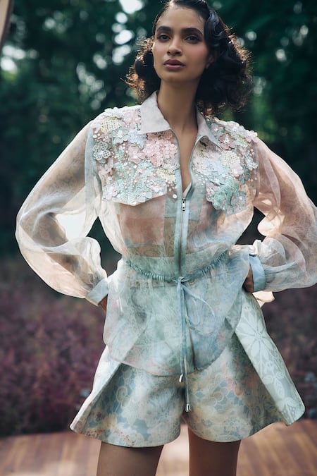 Buy Pankaj & Nidhi Mint Silk Organza Embroidery Collared 3d Floral Hand Embellished Jacket And Skorts Online at Aza Fashions Buy_Pankaj & Nidhi_Mint Silk Organza Embroidery Collared 3d Floral Hand Embellished Jacket And Skorts _Online_at_Aza_Fashions