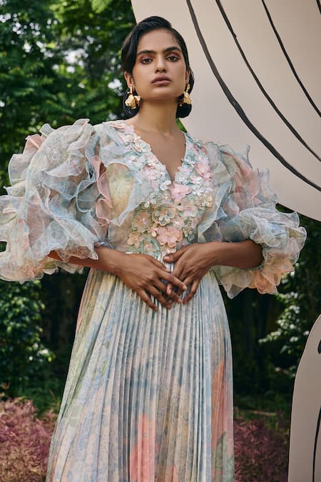 Buy Pankaj & Nidhi Blue Organza, Satin Embroidery V-neck 3d Floral Hand Embellished Maxi Dress Online at Aza Fashions Buy_Pankaj & Nidhi_Blue Organza, Satin Embroidery V-neck 3d Floral Hand Embellished Maxi Dress _Online_at_Aza_Fashions