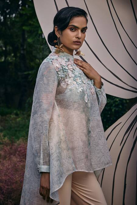 Pankaj & Nidhi_Blue Lace Embroidery Collared Hand Embellished Asymmetric Tunic _Online_at_Aza_Fashions