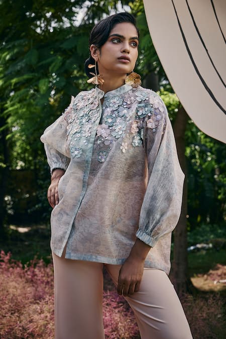 Pankaj & Nidhi_Blue Organza Embroidery Bandeau Neck Maxim 3d Floral Hand Embellished Top _Online_at_Aza_Fashions