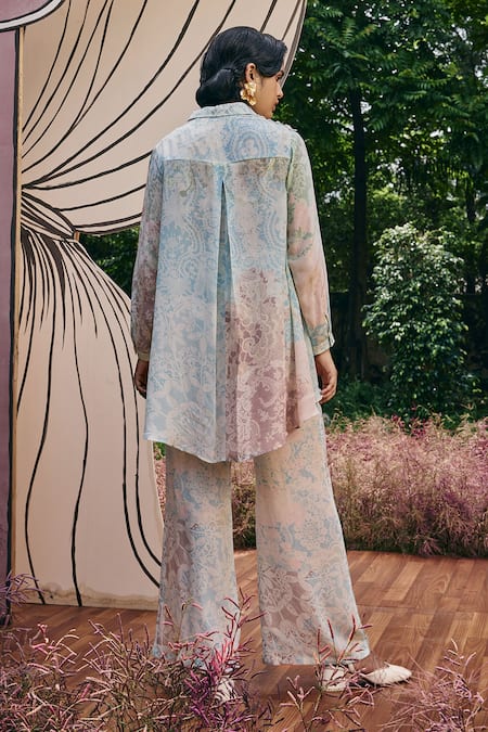 Shop Pankaj & Nidhi Blue Silk Embroidery Collared Mint 3d Floral Hand Embellished Shirt at Aza Fashions Shop_Pankaj & Nidhi_Blue Silk Embroidery Collared Mint 3d Floral Hand Embellished Shirt _at_Aza_Fashions