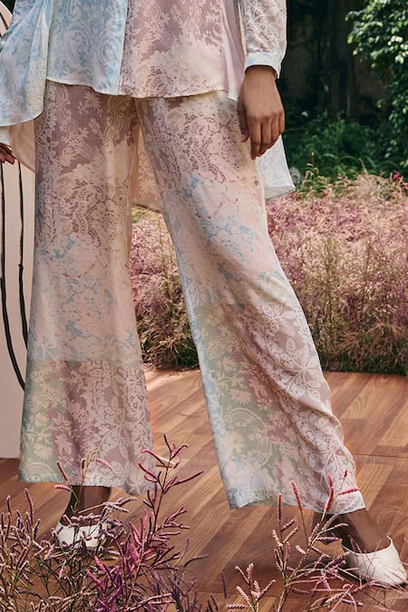 Buy_Pankaj & Nidhi_Blue Silk, Crepe Embroidery Maxim Hand Embellished Asymmetric Shirt And Pant _Online_at_Aza_Fashions