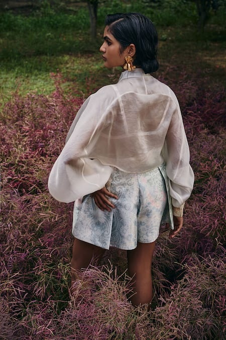 Pankaj & Nidhi Floral Pleated Mint Blue Skorts 