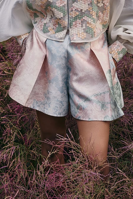 Pankaj & Nidhi_Blue Satin Embroidery Floral Pleated Mint Skorts _Online_at_Aza_Fashions