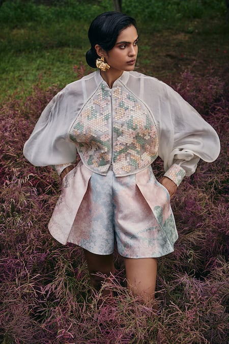 Buy_Pankaj & Nidhi_Blue Satin Embroidery Floral Pleated Mint Skorts _Online_at_Aza_Fashions