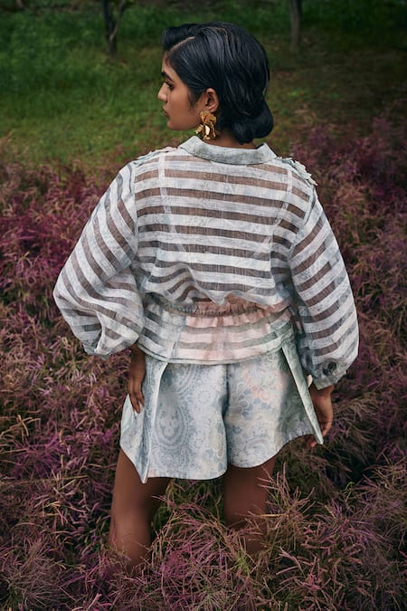 Pankaj & Nidhi Striped Blue Bomber Jacket With Floral Embellishments 