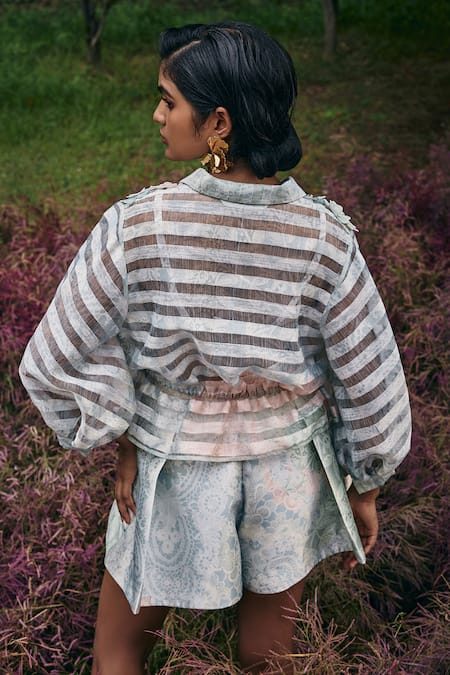 Pankaj & Nidhi Mint Blue 3D Floral Bomber Jacket & Skorts 