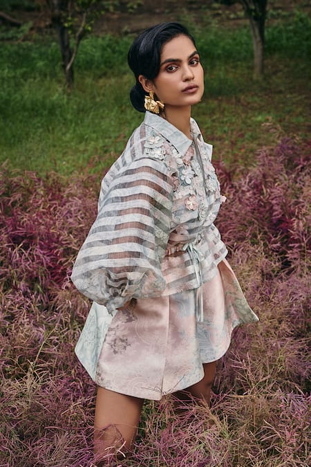 Pankaj & Nidhi Blue Silk Organza, Satin Fabric Flowers, Mint 3d Floral Bomber Jacket And Skorts Online at Aza Fashions Pankaj & Nidhi_Blue Silk Organza, Satin Fabric Flowers, Mint 3d Floral Bomber Jacket And Skorts _Online_at_Aza_Fashions