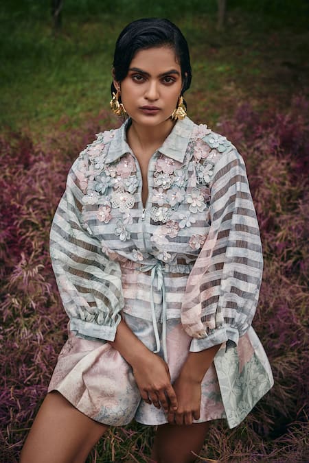 Buy Pankaj & Nidhi Blue Silk Organza, Satin Fabric Flowers, Mint 3d Floral Bomber Jacket And Skorts Online at Aza Fashions Buy_Pankaj & Nidhi_Blue Silk Organza, Satin Fabric Flowers, Mint 3d Floral Bomber Jacket And Skorts _Online_at_Aza_Fashions