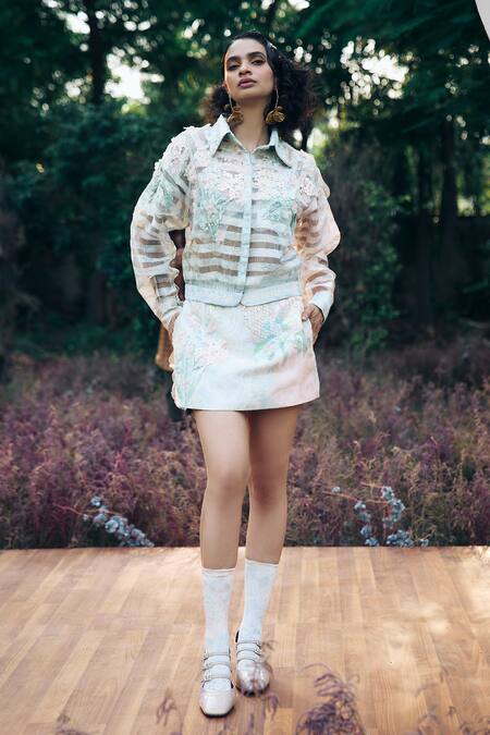 Pankaj & Nidhi_Blue Satin, Twill Embroidery, Applique, Sequins Floral Hand Embellished Skirt _Online_at_Aza_Fashions