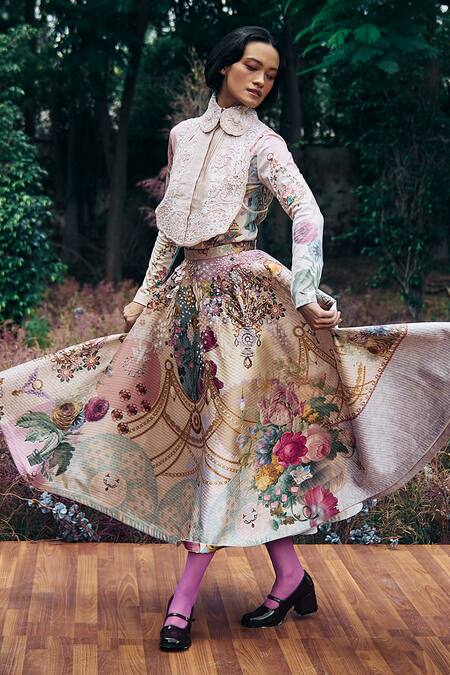 Pankaj & Nidhi Pink Silk Organza Sequins Peony Hand Embellished Tuxedo Yoke Online at Aza Fashions Pankaj & Nidhi_Pink Silk Organza Sequins Peony Hand Embellished Tuxedo Yoke _Online_at_Aza_Fashions