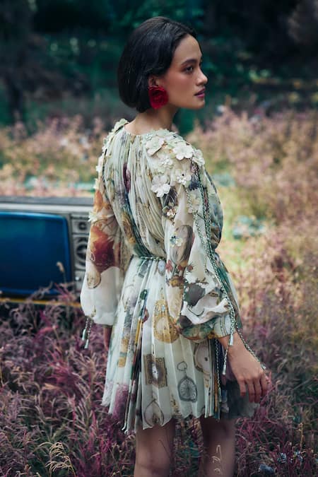 Pankaj & Nidhi Sage Green Abstract Print Dress 