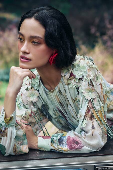 Pankaj & Nidhi_Green Chiffon Applique Round Neck Sage Abstract Print Dress _Online_at_Aza_Fashions