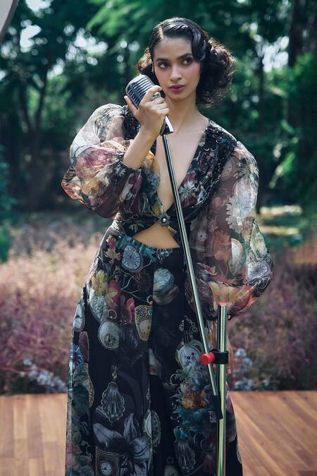 Pankaj & Nidhi_Black Chiffon, Silk Organza Sequins, Embroidery Floral Abstract Print Jumpsuit _Online_at_Aza_Fashions