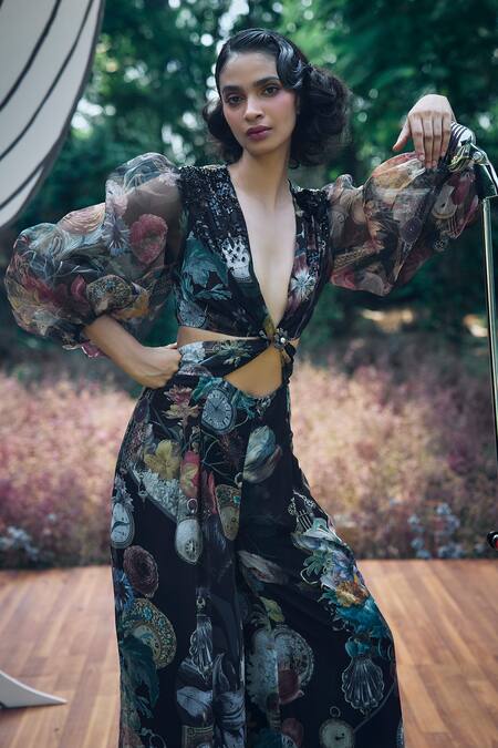 Buy_Pankaj & Nidhi_Black Chiffon, Silk Organza Sequins, Embroidery Floral Abstract Print Jumpsuit _Online_at_Aza_Fashions
