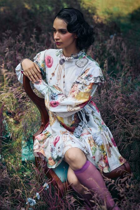 Pankaj & Nidhi_Purple Silk, Chanderi High Neck Vintage Bloom Print Tiered Dress _Online_at_Aza_Fashions