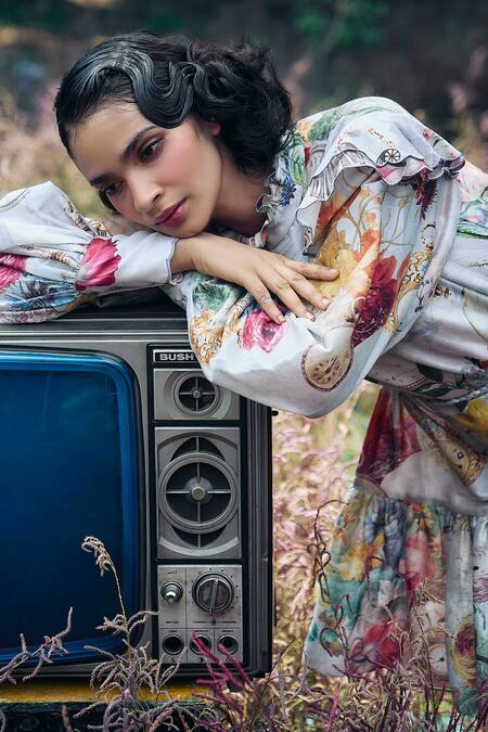 Buy_Pankaj & Nidhi_Purple Silk, Chanderi High Neck Vintage Bloom Print Tiered Dress _Online_at_Aza_Fashions