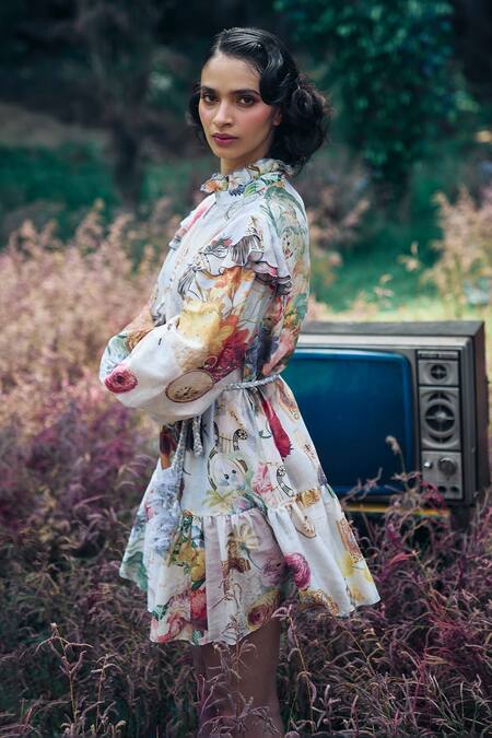 Shop_Pankaj & Nidhi_Purple Silk, Chanderi High Neck Vintage Bloom Print Tiered Dress _Online_at_Aza_Fashions