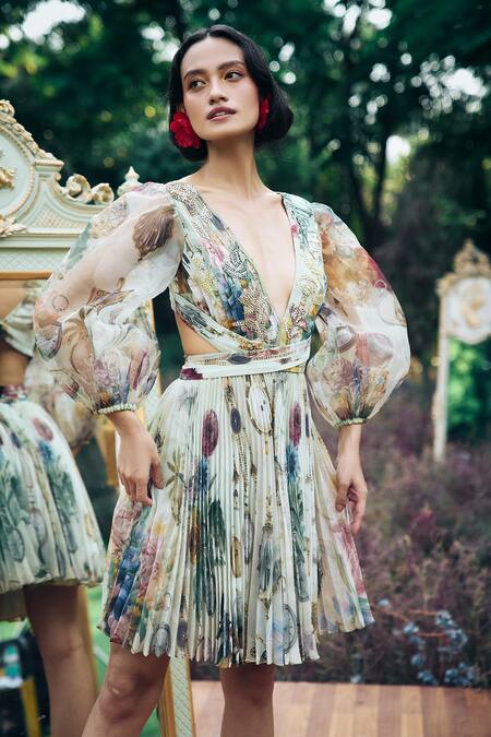 Pankaj & Nidhi_Green Chiffon, Silk Organza Embroidery V-neck Sage Vintage Blossom Print Dress _Online_at_Aza_Fashions