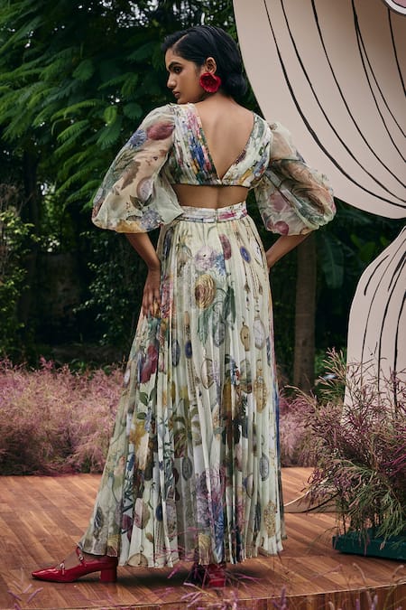Pankaj & Nidhi Sage Green Floral Maxi Dress 