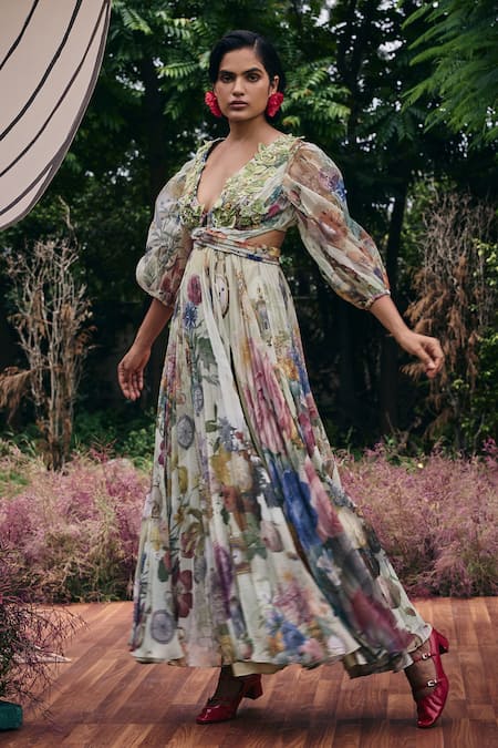 Pankaj & Nidhi_Green Organza, Chiffon Fabric Flowers V-neck Sage Floral Maxi Dress _Online_at_Aza_Fashions