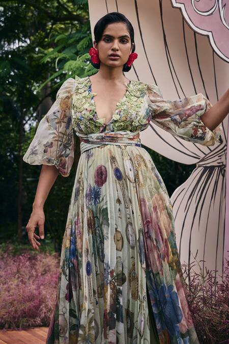 Buy_Pankaj & Nidhi_Green Organza, Chiffon Fabric Flowers V-neck Sage Floral Maxi Dress _Online_at_Aza_Fashions