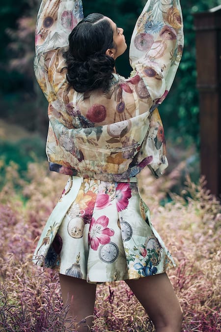 Pankaj & Nidhi Sage Green Vintage Fiore Print Bomber Jacket