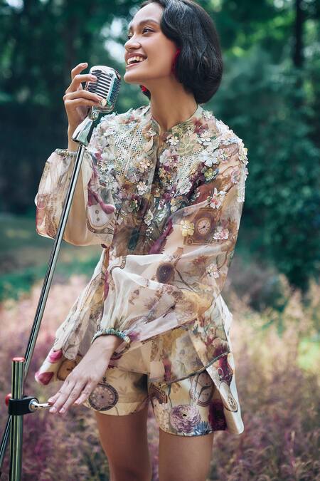 Buy Pankaj & Nidhi Sapphire Silk Organza Embroidery Mandarin Collar Vintage Floral Print Peplum Top Online at Aza Fashions Buy_Pankaj & Nidhi_Sapphire Silk Organza Embroidery Mandarin Collar Vintage Floral Print Peplum Top _Online_at_Aza_Fashions