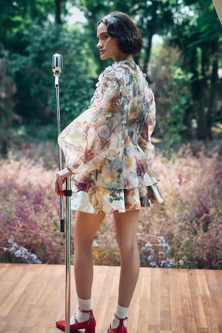 Pankaj & Nidhi Vintage Floral Peplum Top & Skorts Set 