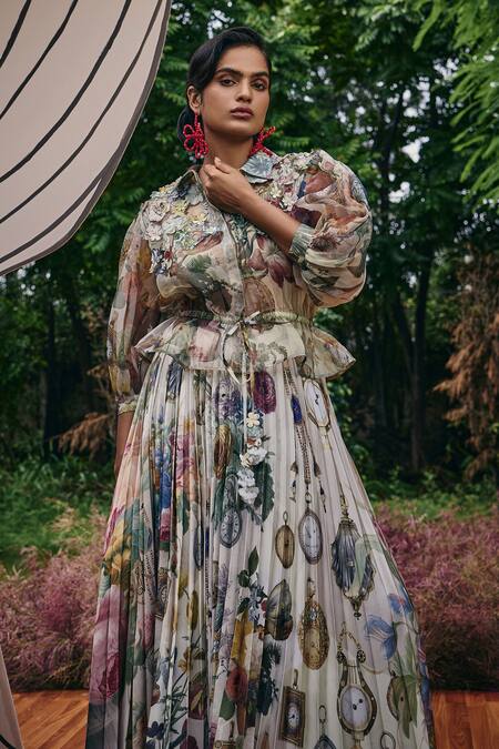 Pankaj & Nidhi_Multi Color Organza, Satin Fabric Vintage Bloomy Print Top And Pleated Skirt _at_Aza_Fashions