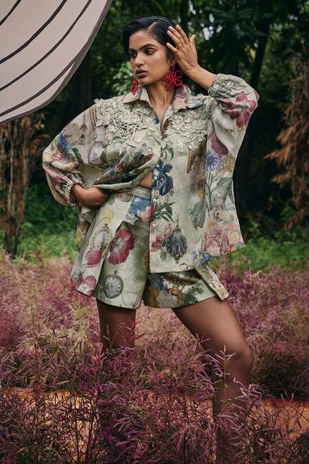 Buy Pankaj & Nidhi Green Organza Embroidery Collared Vintage Garden Print Shirt Online at Aza Fashions Buy_Pankaj & Nidhi_Green Organza Embroidery Collared Vintage Garden Print Shirt _Online_at_Aza_Fashions