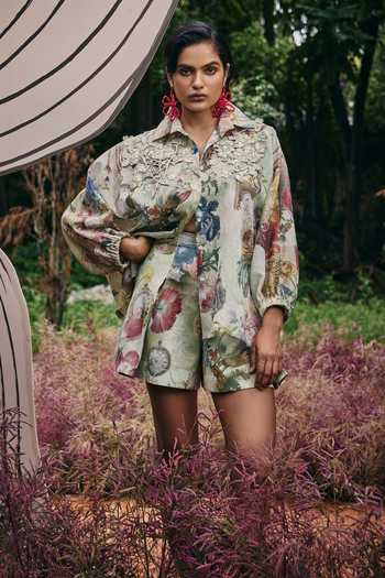 Shop Pankaj & Nidhi Green Organza Embroidery Collared Vintage Garden Print Shirt And Skorts Set Online at Aza Fashions Shop_Pankaj & Nidhi_Green Organza Embroidery Collared Vintage Garden Print Shirt And Skorts Set _Online_at_Aza_Fashions