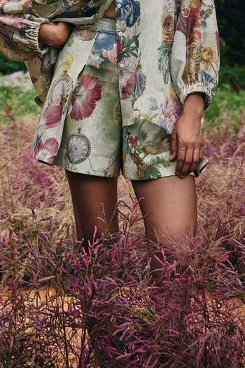 Pankaj & Nidhi_Green Organza Vintage Garden Print High Waist Skorts _Online_at_Aza_Fashions