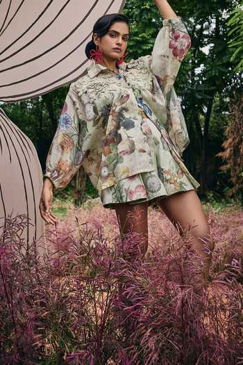 Shop_Pankaj & Nidhi_Green Organza Vintage Garden Print High Waist Skorts _Online_at_Aza_Fashions