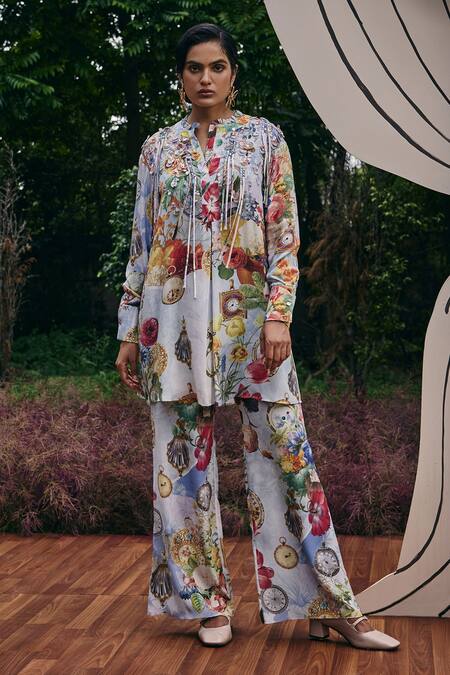 Pankaj & Nidhi_Multi Color Silk, Crepe Fringe Round Neck Lilac Vintage Garden Print Tunic _Online_at_Aza_Fashions