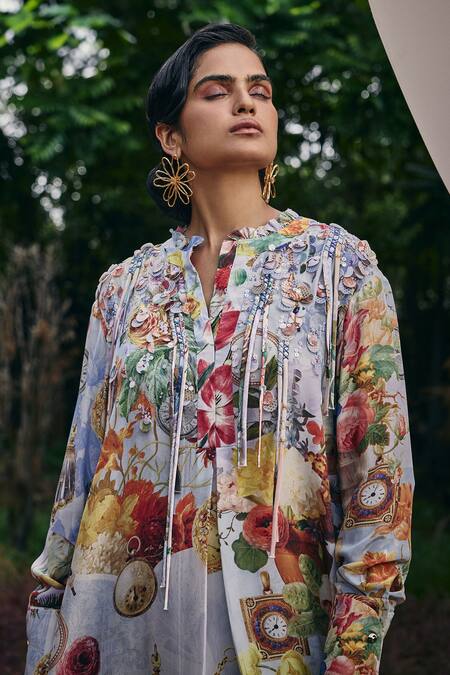 Buy_Pankaj & Nidhi_Multi Color Silk, Crepe Fringe Round Neck Lilac Vintage Garden Print Tunic _Online_at_Aza_Fashions