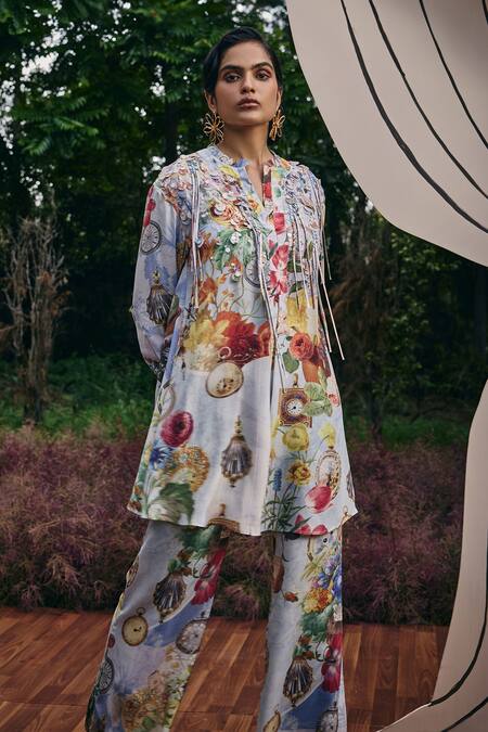 Buy_Pankaj & Nidhi_Multi Color Silk, Crepe Fringe Round Lilac Vintage Garden Print Tunic And Pant Set _Online_at_Aza_Fashions