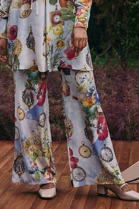 Pankaj & Nidhi_Purple Silk, Crepe Lilac Vintage Garden Print Pant _Online_at_Aza_Fashions