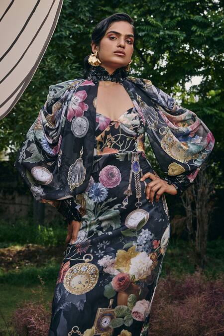 Pankaj & Nidhi_Black Georgette, Satin Embroidery High Vintage Garden Print Top And Corset Dress _Online_at_Aza_Fashions