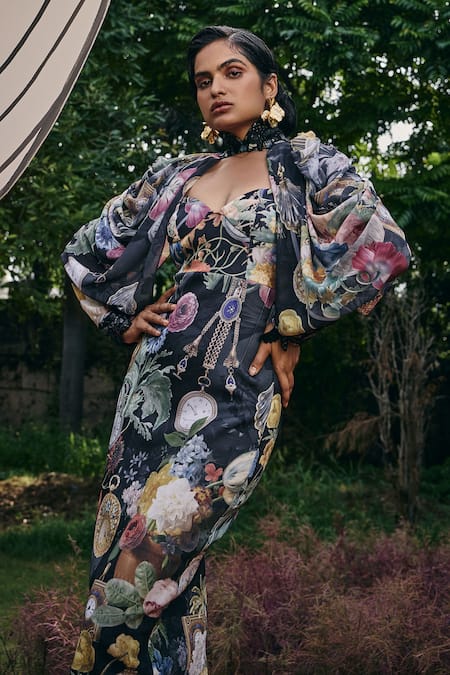 Buy_Pankaj & Nidhi_Black Georgette, Satin Embroidery High Vintage Garden Print Top And Corset Dress _Online_at_Aza_Fashions