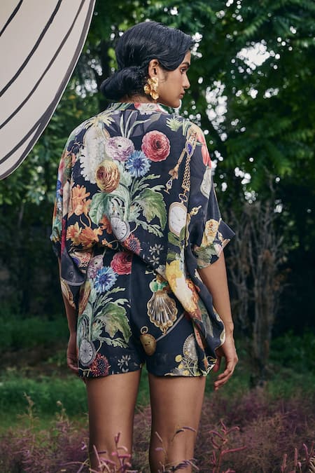 Shop Pankaj & Nidhi Black Silk, Crepe Embroidery Mandarin Collar Multi Color Vintage Gardenia Top at Aza Fashions Shop_Pankaj & Nidhi_Black Silk, Crepe Embroidery Mandarin Collar Multi Color Vintage Gardenia Top _at_Aza_Fashions