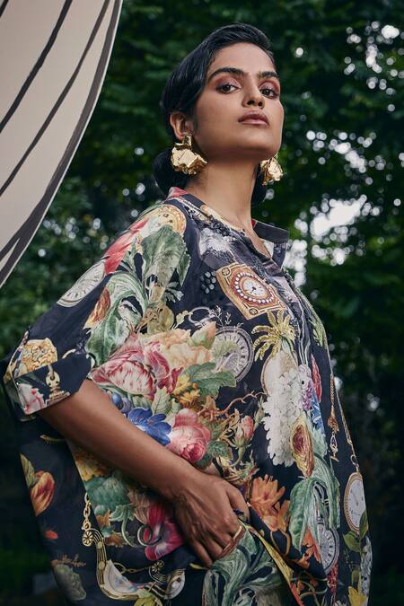 Buy Pankaj & Nidhi Black Silk, Crepe Embroidery Mandarin Collar Multi Color Vintage Gardenia Top Online at Aza Fashions Buy_Pankaj & Nidhi_Black Silk, Crepe Embroidery Mandarin Collar Multi Color Vintage Gardenia Top _Online_at_Aza_Fashions